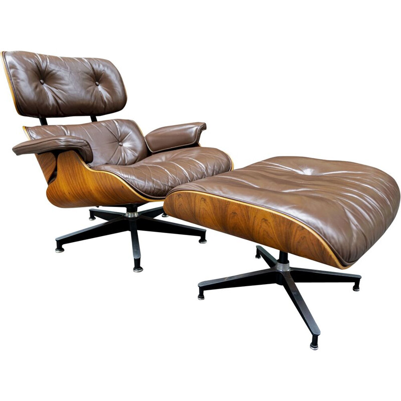 Eames brown vintage armchair and ottoman for Herman Miller US, 1970