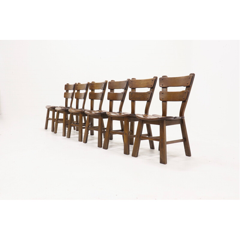 Set of 6 oak spanish vintage dining chairs, 1950s