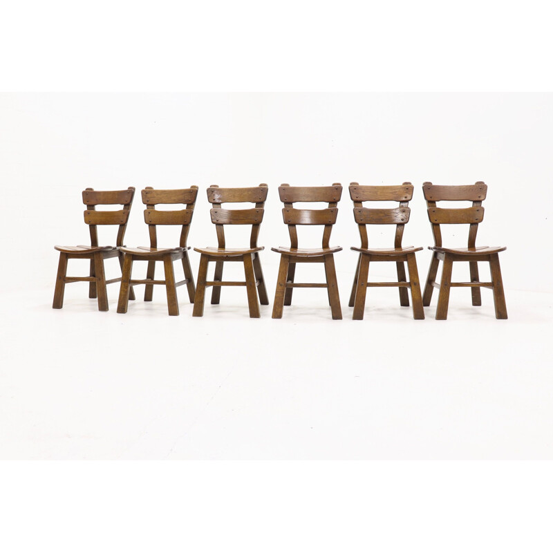 Set of 6 oak spanish vintage dining chairs, 1950s