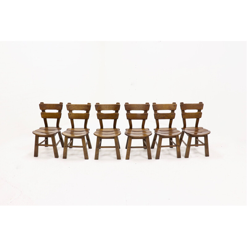 Set of 6 oak spanish vintage dining chairs, 1950s