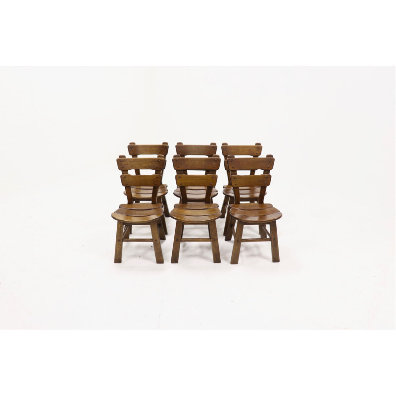 Set of 6 oak spanish vintage dining chairs, 1950s