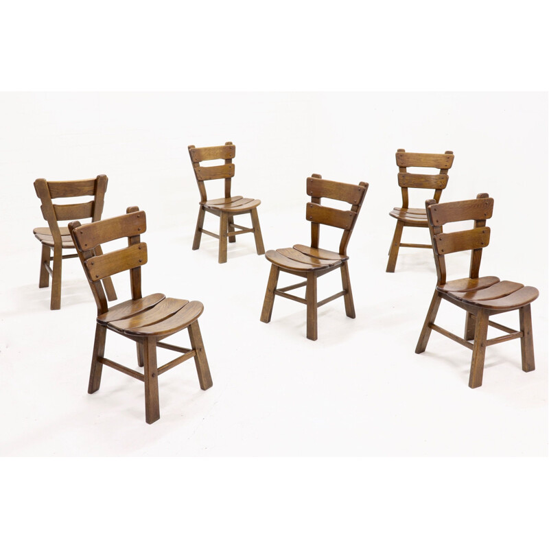 Set of 6 oak spanish vintage dining chairs, 1950s