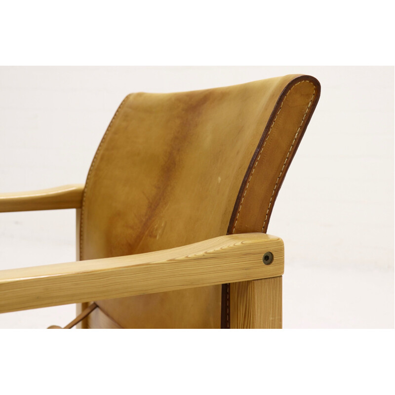 Pine and leather vintage Safari armchair by Karin Mobring for IKEA, 1970s