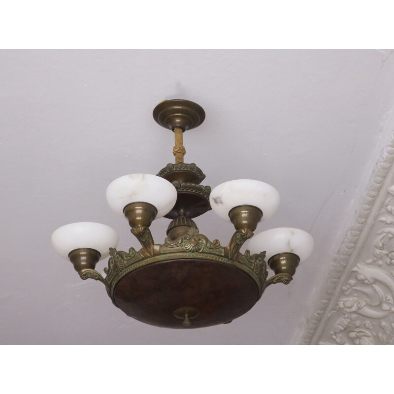 Bronze and alabaster vintage chandelier with 6 lights