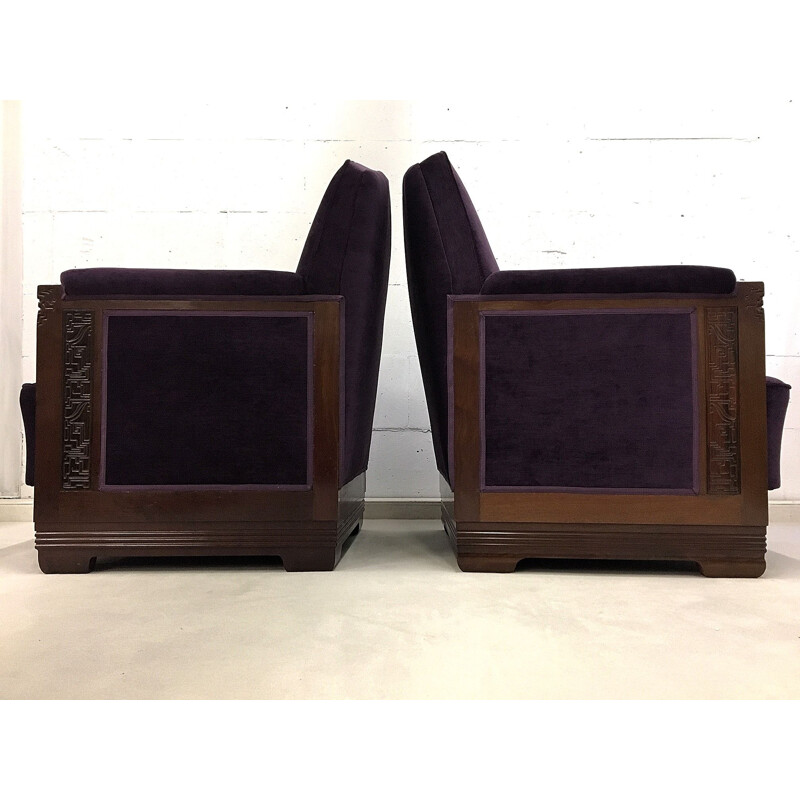 Vintage Mahogany Purple Velvet Lounge Chairs, 1930s