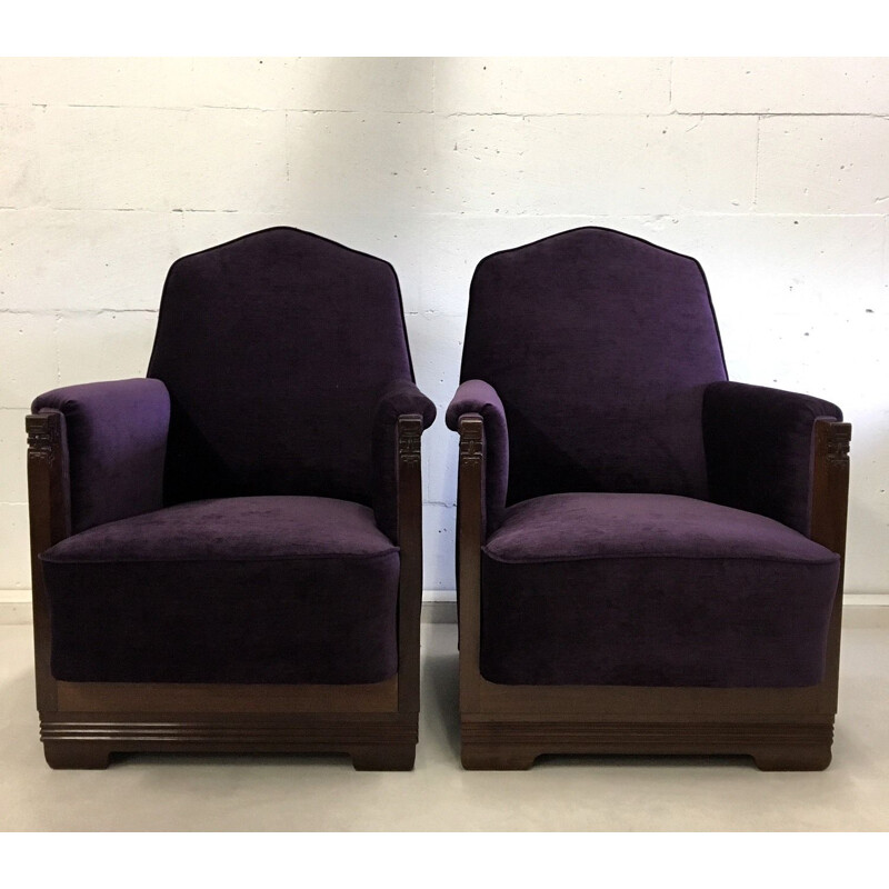 Fauteuils vintage en velours violet acajou, 1930