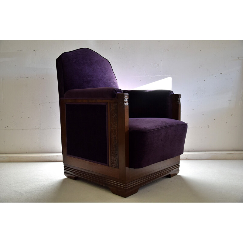 Vintage Mahogany Purple Velvet Lounge Chairs, 1930s
