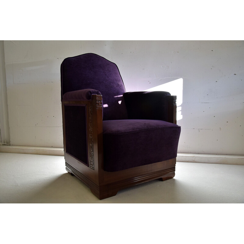 Vintage Mahogany Purple Velvet Lounge Chairs, 1930s