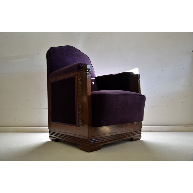 Vintage Mahogany Purple Velvet Lounge Chairs, 1930s