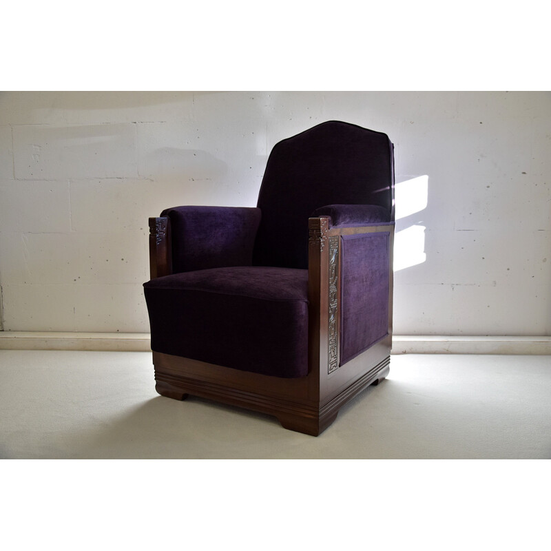 Vintage mahonie paarse fluwelen fauteuils, 1930