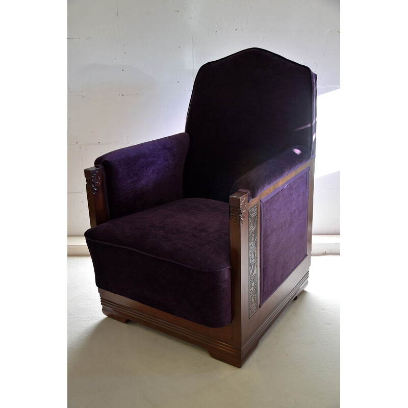 Vintage Mahogany Purple Velvet Lounge Chairs, 1930s