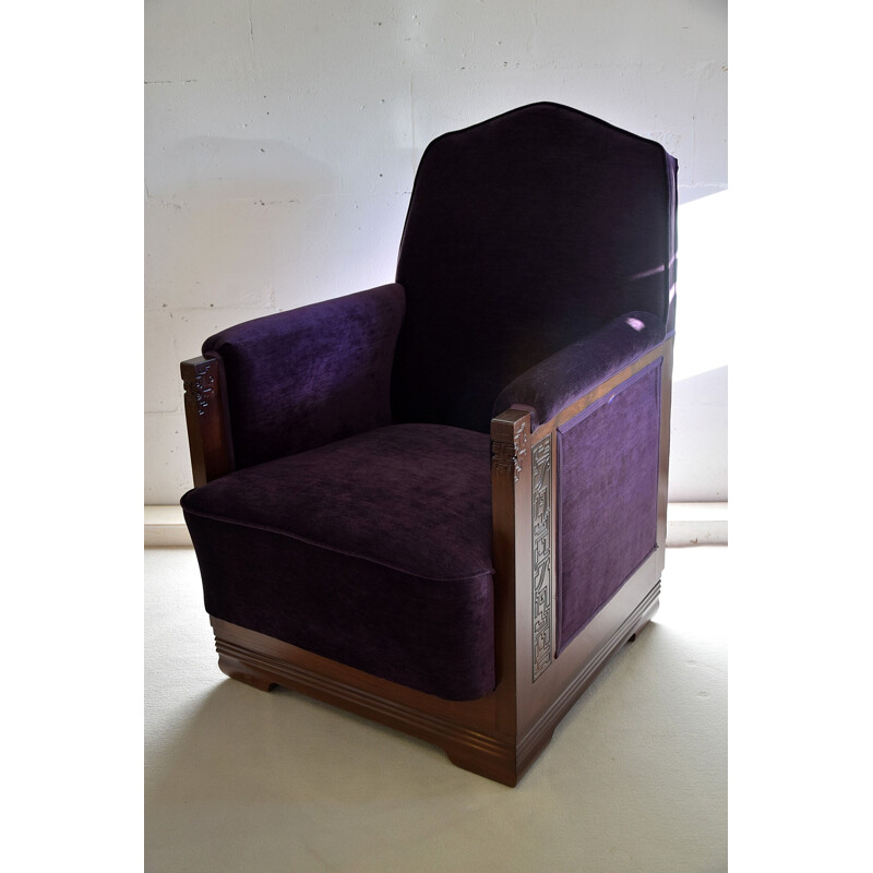 Vintage mahonie paarse fluwelen fauteuils, 1930