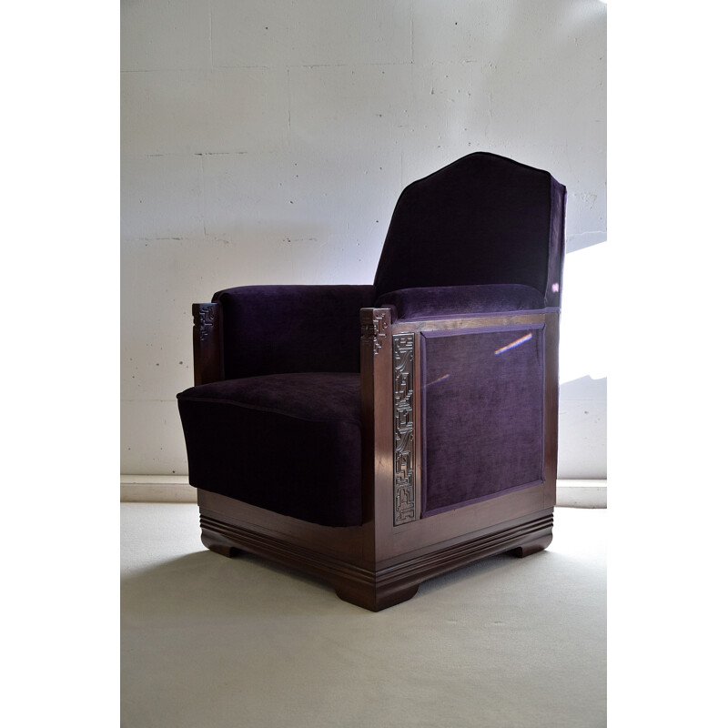 Vintage Mahogany Purple Velvet Lounge Chairs, 1930s