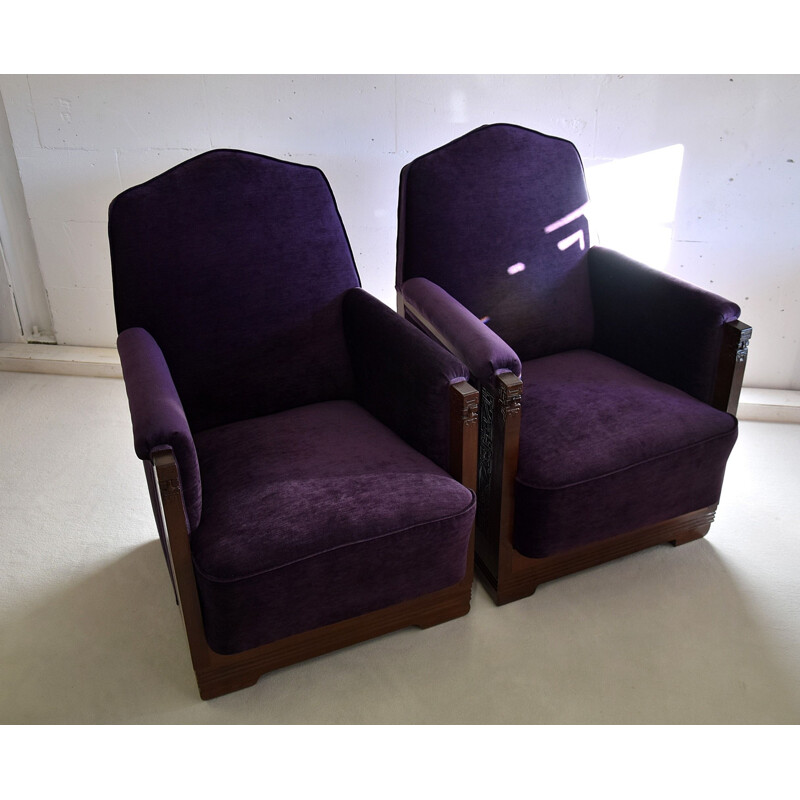 Vintage Mahogany Purple Velvet Lounge Chairs, 1930s