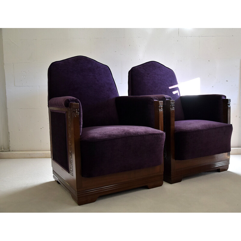 Vintage Mahogany Purple Velvet Lounge Chairs, 1930s