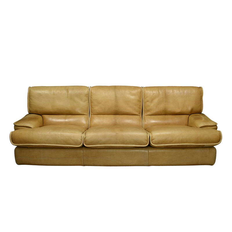 Vintage cognac leather 3-seater sofa, 1970s