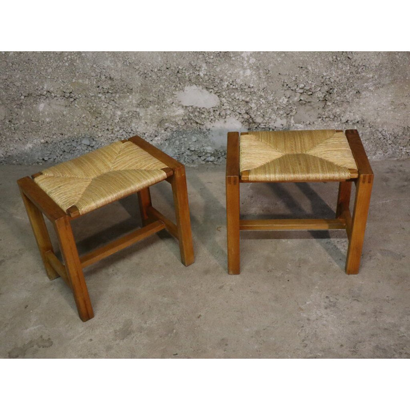 Pair of vintage elm wood and straw stools, 1970s