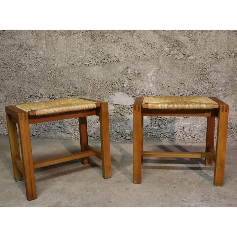 Paire de tabourets vintage en bois d'orme et paille, 1970