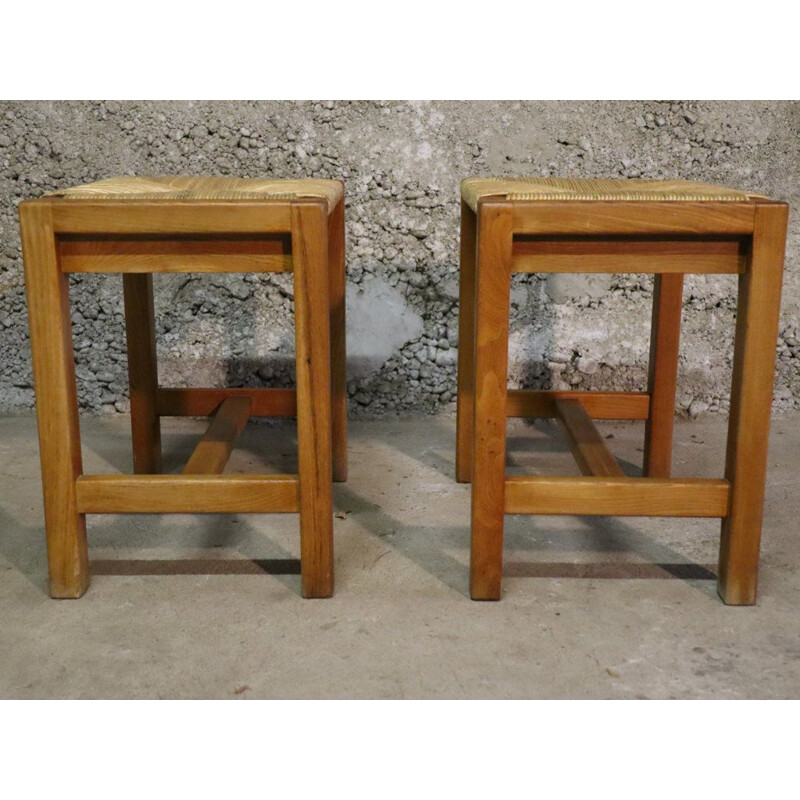 Pair of vintage elm wood and straw stools, 1970s