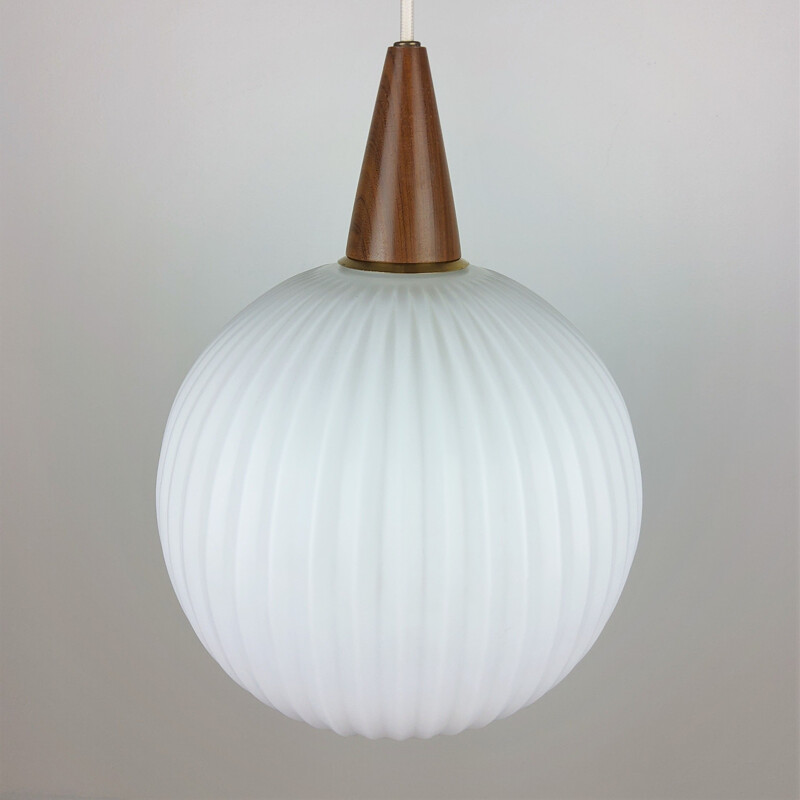 Vintage teak and opaline pendant lamp, 1960s