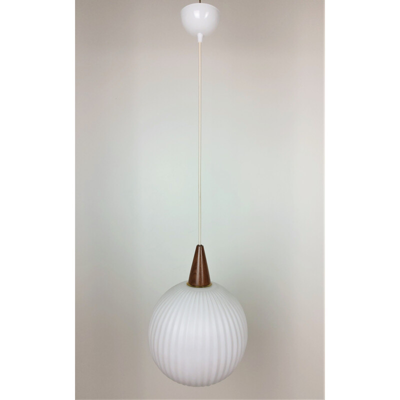 Vintage teak and opaline pendant lamp, 1960s