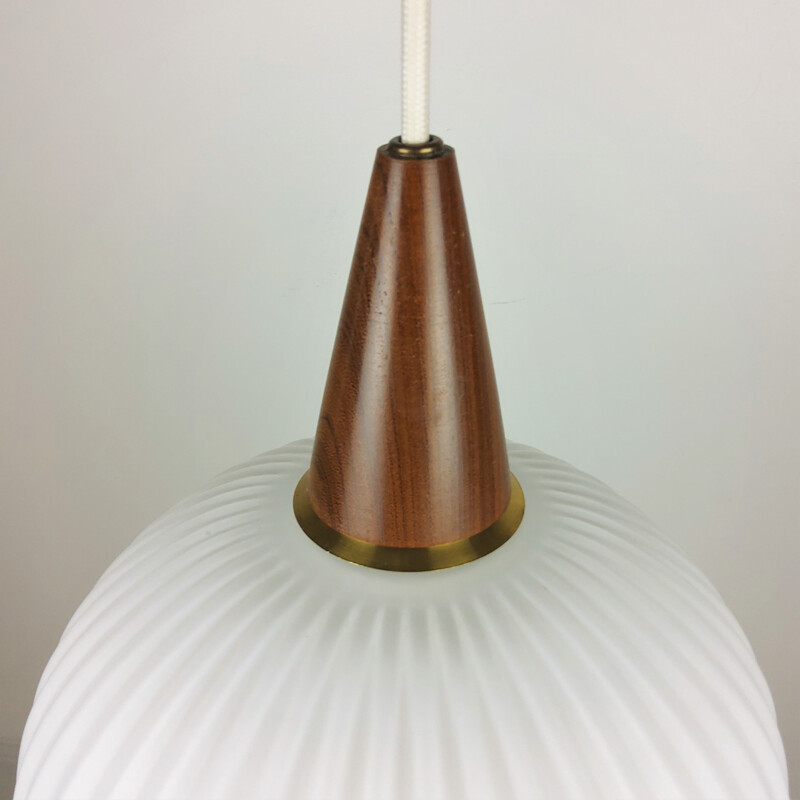 Vintage teak and opaline pendant lamp, 1960s