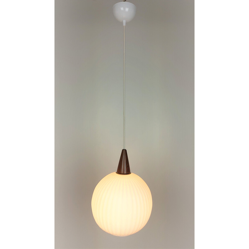 Vintage teak and opaline pendant lamp, 1960s