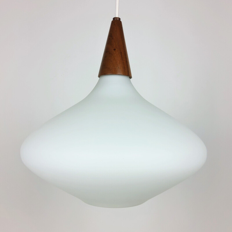 Vintage Scandinavian teak and opaline pendant lamp, 1960s
