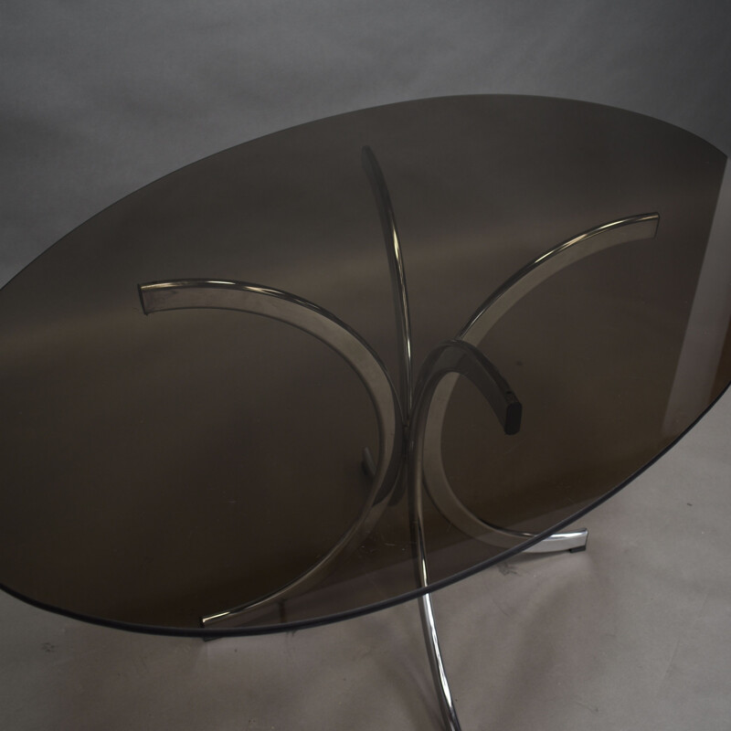 Vintage Italian oval dining set in chrome and smoked glass, Italy 1970