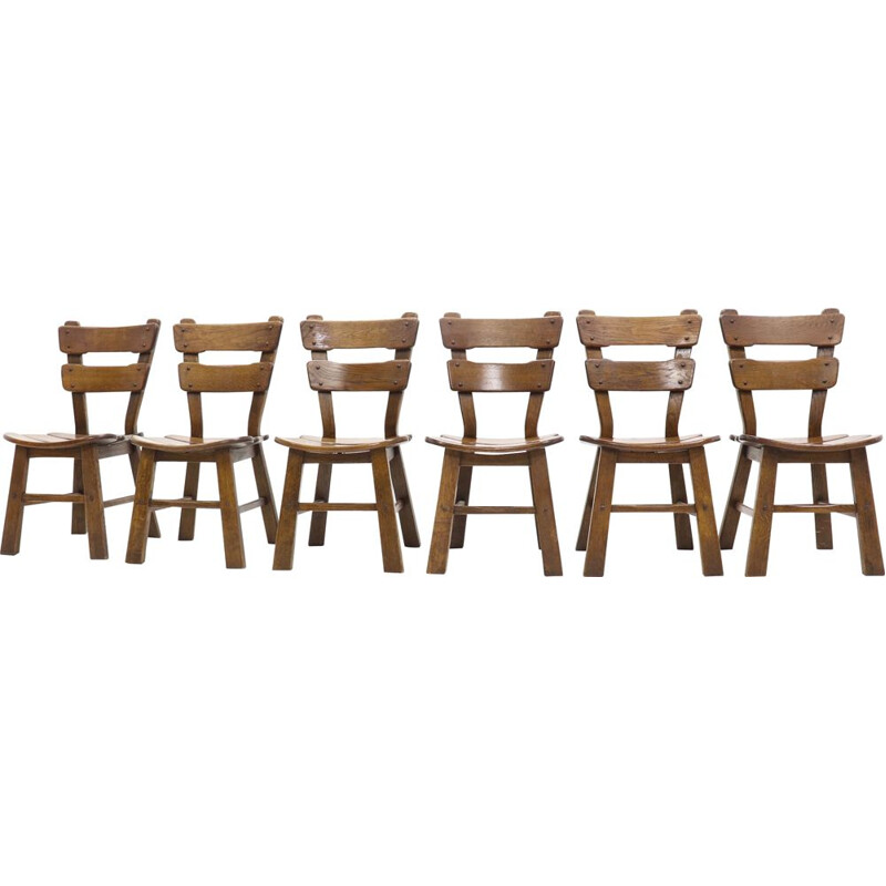 Set of 6 oak spanish vintage dining chairs, 1950s