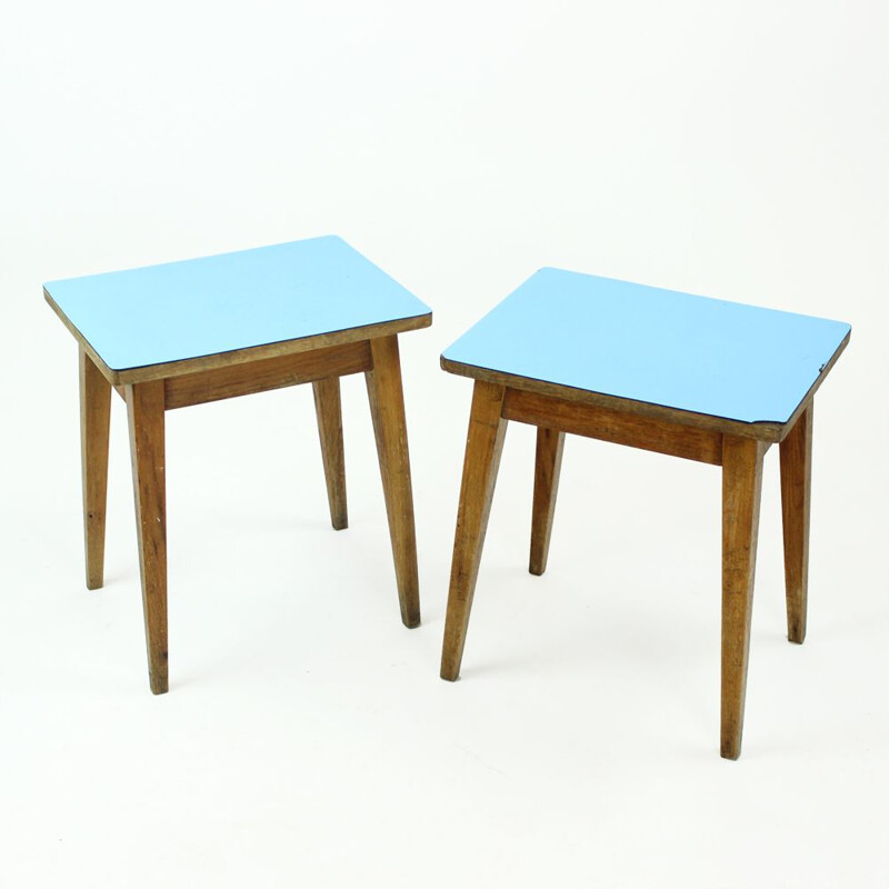 Pair of vintage side tables in blue formica and oak, Czechoslovakia, 1960