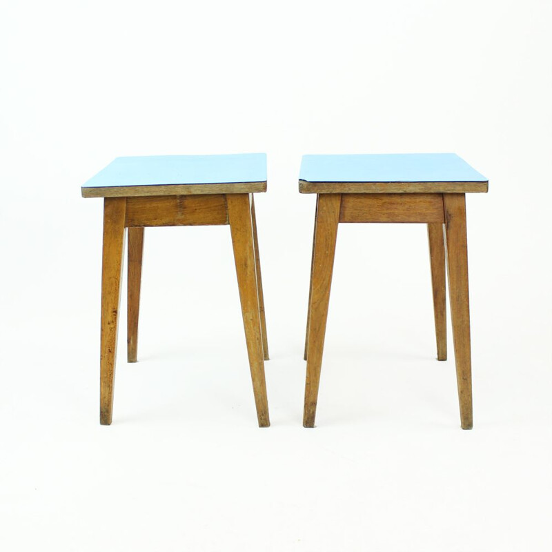 Pair of vintage side tables in blue formica and oak, Czechoslovakia, 1960
