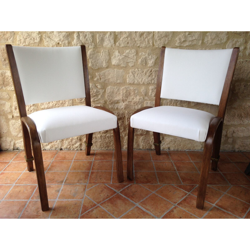 Pair of vintage wood and skai chairs by Wilhelm Von Bode for Steiner, 1950