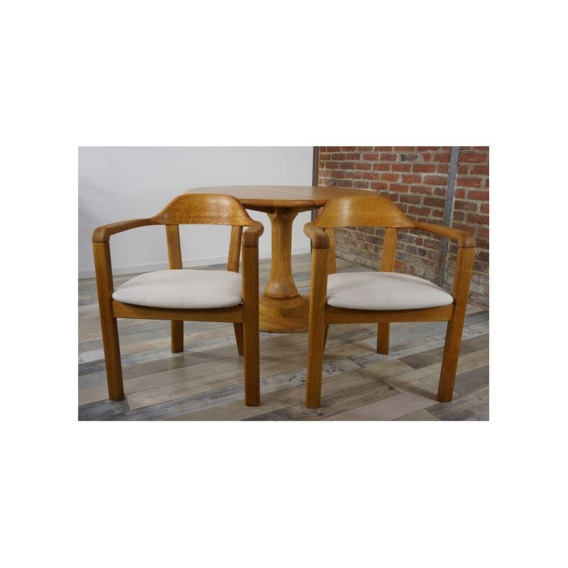 Vintage dining set with round table and 4 matching oak armchairs, 1980