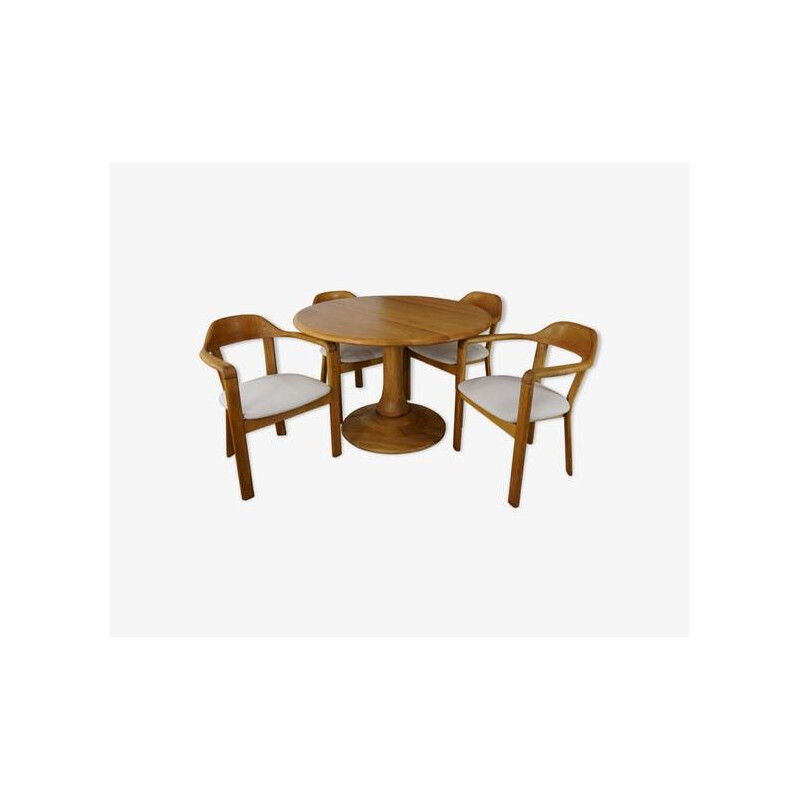 Ensemble à repas vintage avec table ronde et ses 4 fauteuils en chêne assortis, 1980