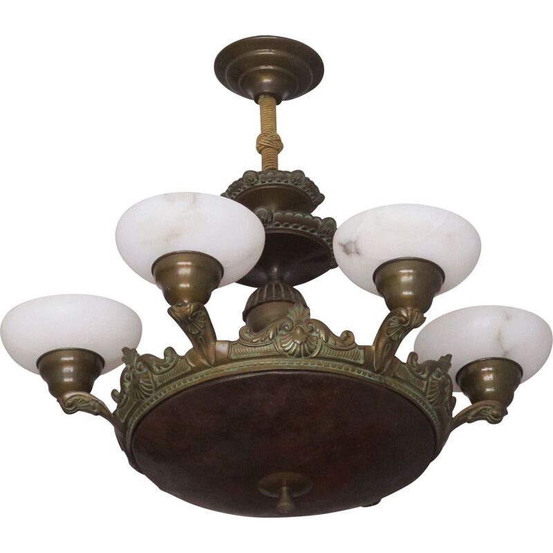 Bronze and alabaster vintage chandelier with 6 lights