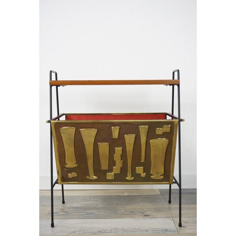 Vintage side table in metal, copper and teak, 1950