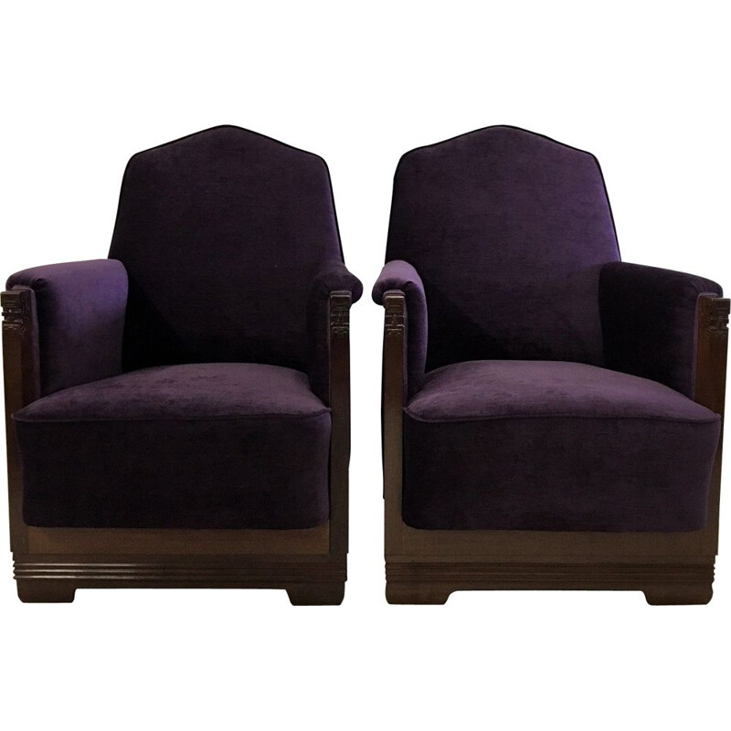 Vintage Mahogany Purple Velvet Lounge Chairs, 1930s