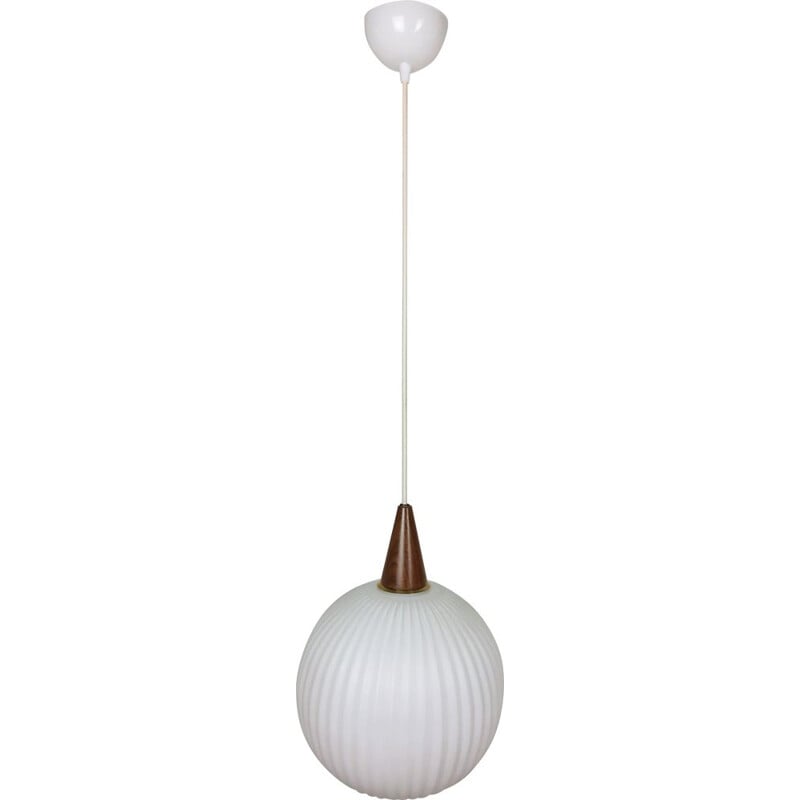 Vintage teak and opaline pendant lamp, 1960s