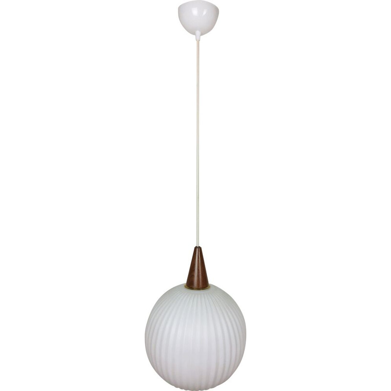 Vintage teak and opaline pendant lamp, 1960s