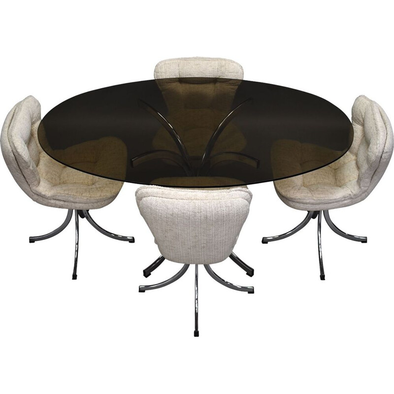 Vintage Italian oval dining set in chrome and smoked glass, Italy 1970