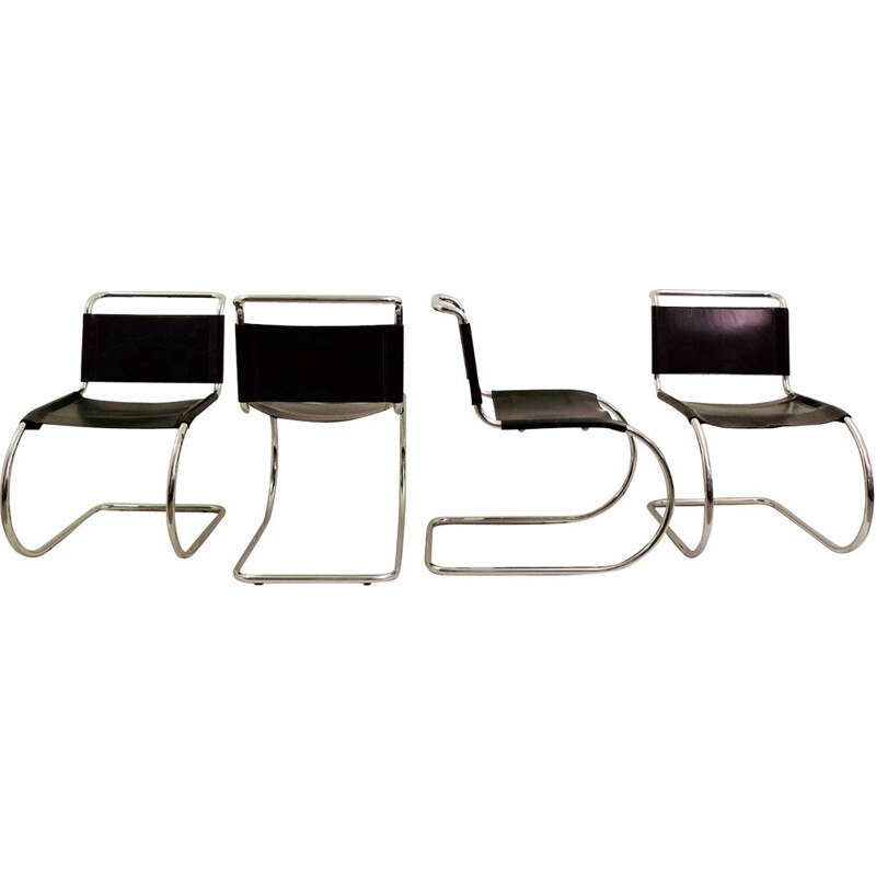 Set of four "MR" chairs in black leather, Ludwig MIES VAN DER ROHE - 1950s