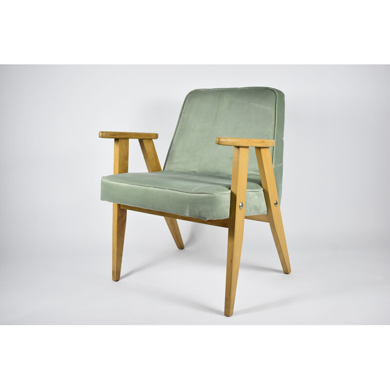 Fauteuil vintage en velours menthe 366 de J. Chierowski 1962 