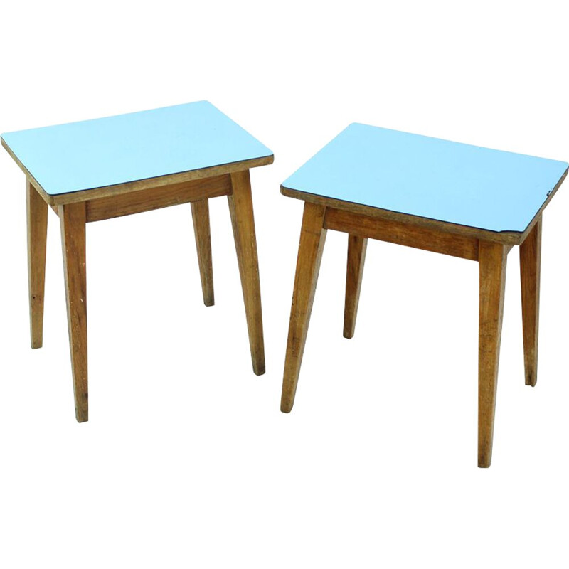 Pair of vintage side tables in blue formica and oak, Czechoslovakia, 1960