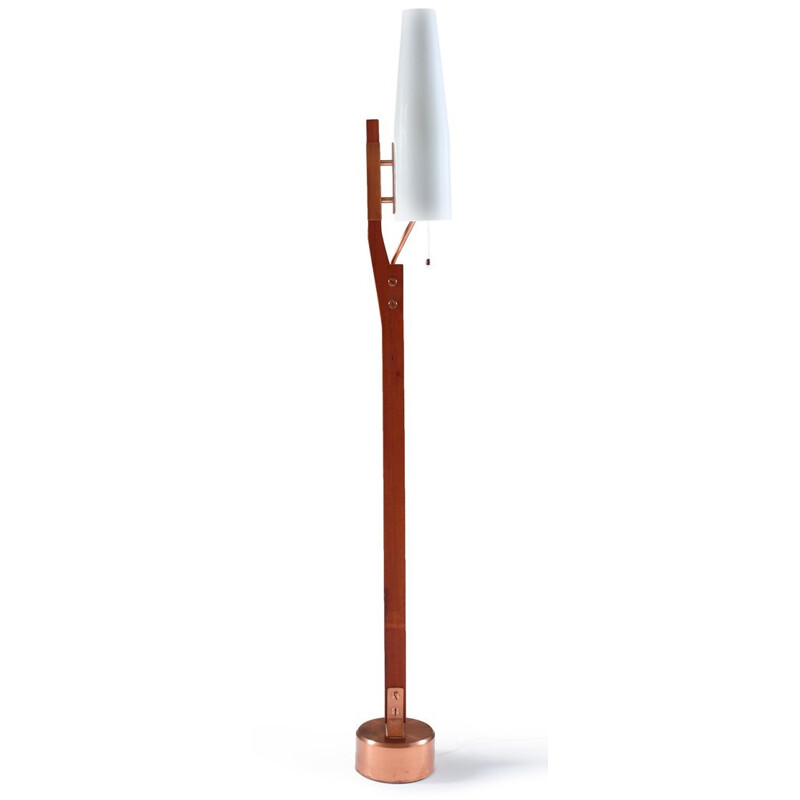 Orrefors floor lamp in teak copper and opaline glass - 1960s