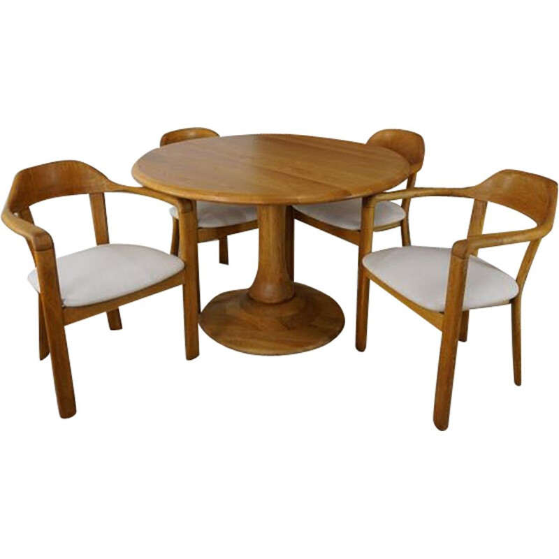 Ensemble à repas vintage avec table ronde et ses 4 fauteuils en chêne assortis, 1980