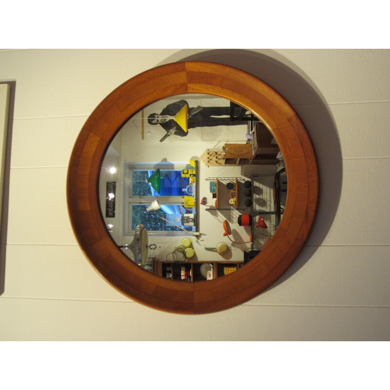 Round Scandinavian teak vintage mirror 45 cm