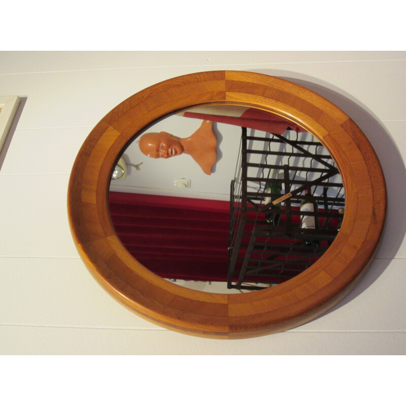 Miroir vintage scandinave rond en teck 45 cm