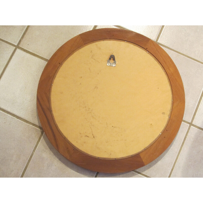 Round Scandinavian teak vintage mirror 45 cm