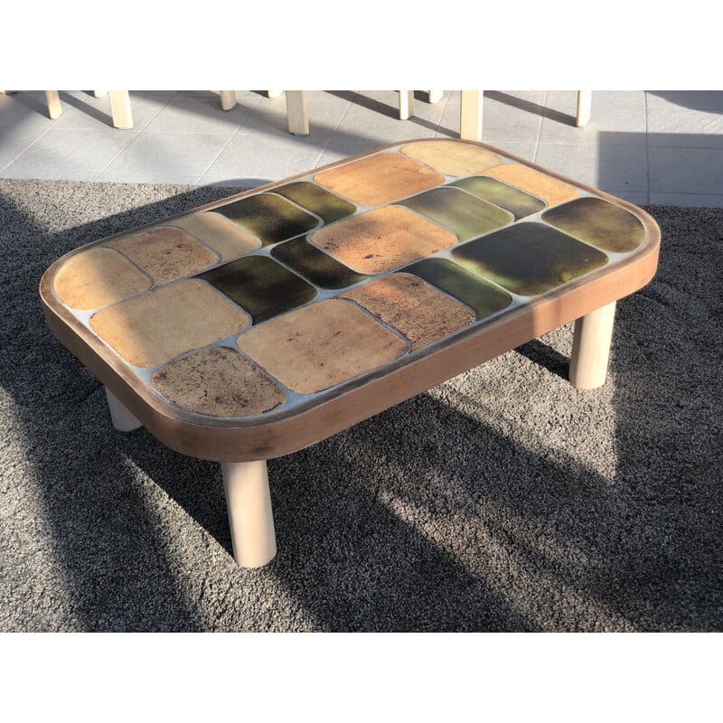 Roger Capron coffee table model Shogun ceramic top and natural oak legs 1960